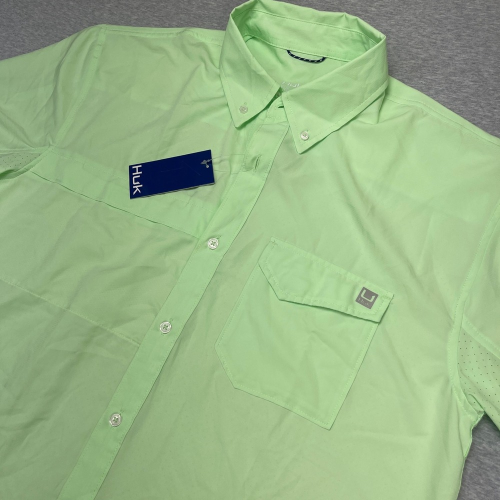 Huk Fishing Shirt Mens L Tide Point SS Lime Green Button-Down H1500171 NEW